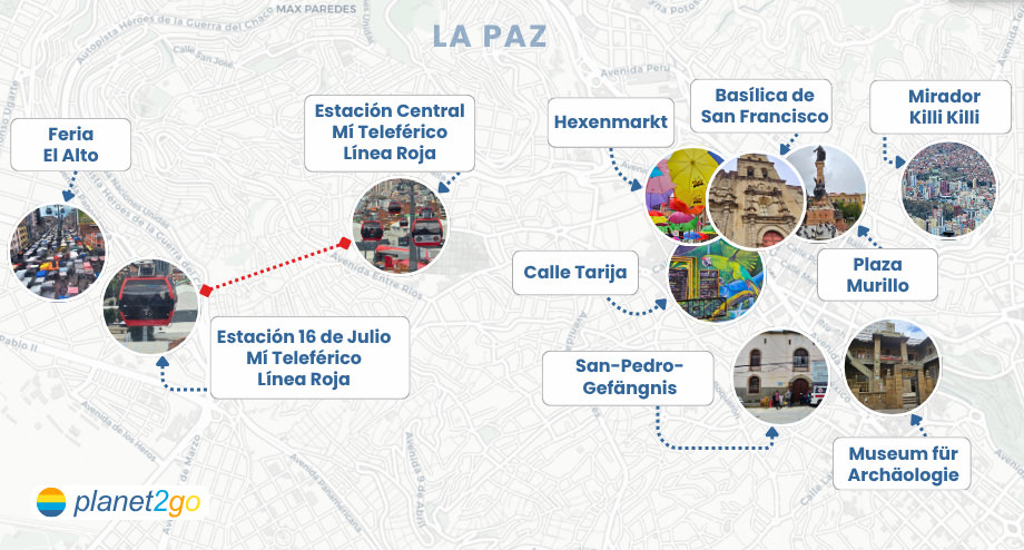 Karte mit den wichtigsten La Paz Sehenswürdigkeiten wie Mí Teleférico (Seilbahn), Hexenmarkt, Plaza Murillo etc.