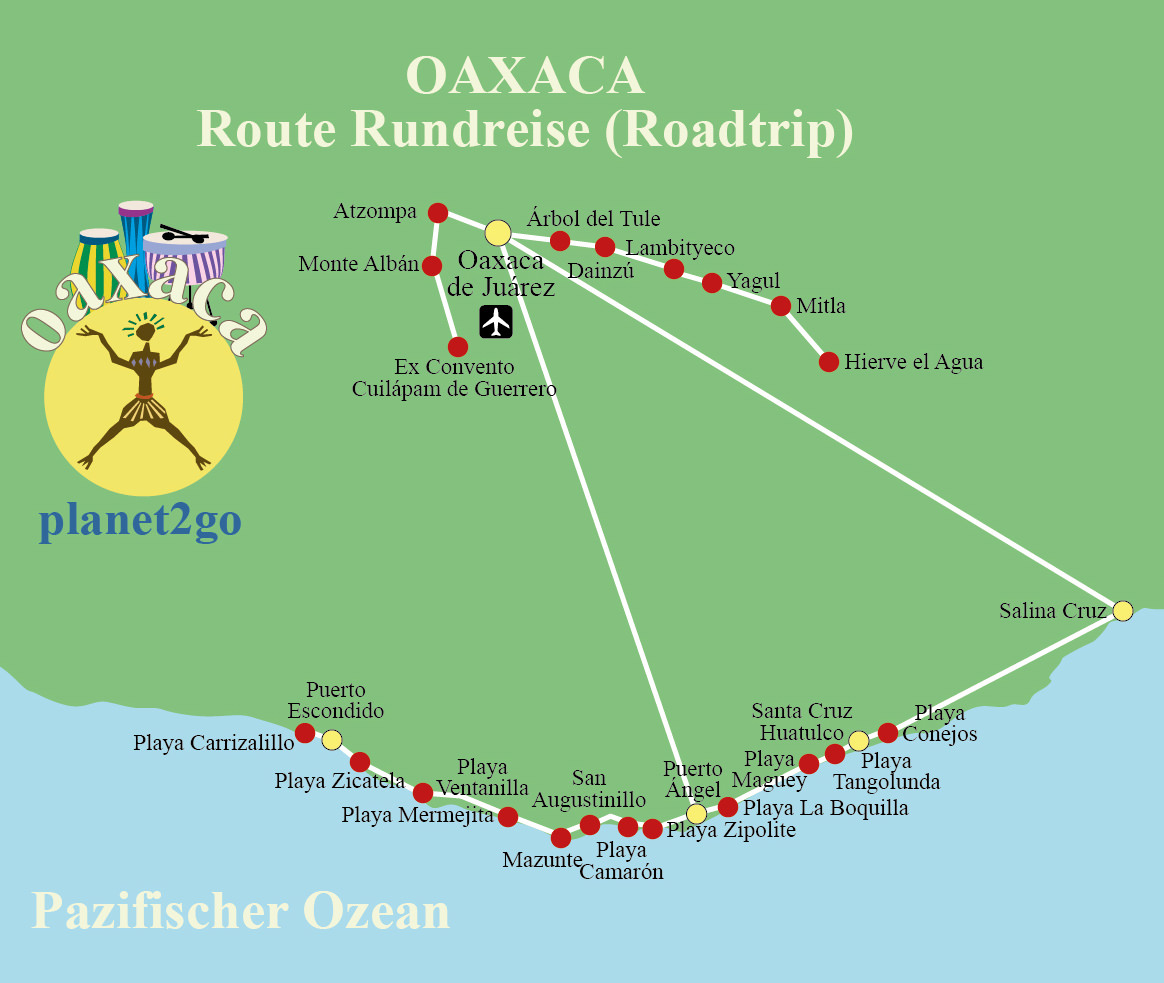 Karte Oaxaca Route Rundreise Roadtrip