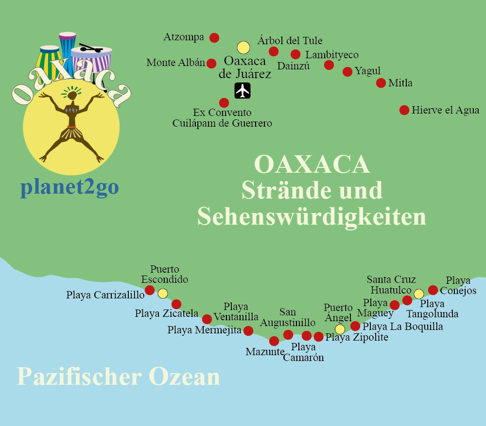 Karte Oaxca Strände und Sehenswürdigkeiten