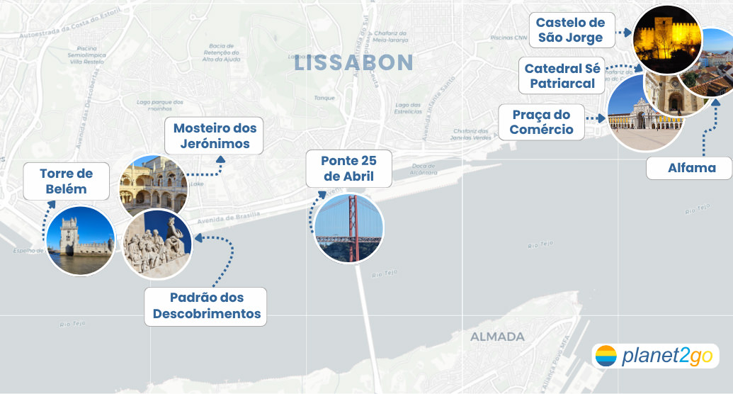 Karte mit 8 klassischen Lissabon Sehenswürdigkeiten wie Torre de Belém, Kathedrale Sé, Mosteiro dos Jerónimos etc.