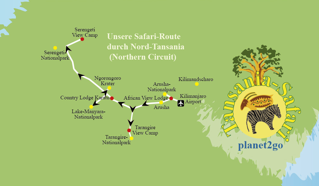 Karte Route Tansania Safari