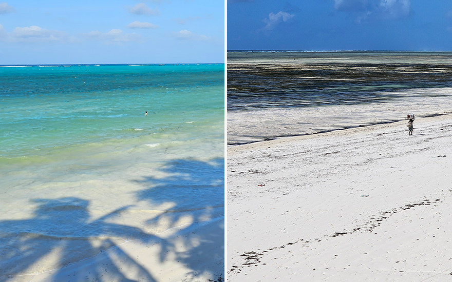 Bwejuu Beach bei Ebbe und bei Flut