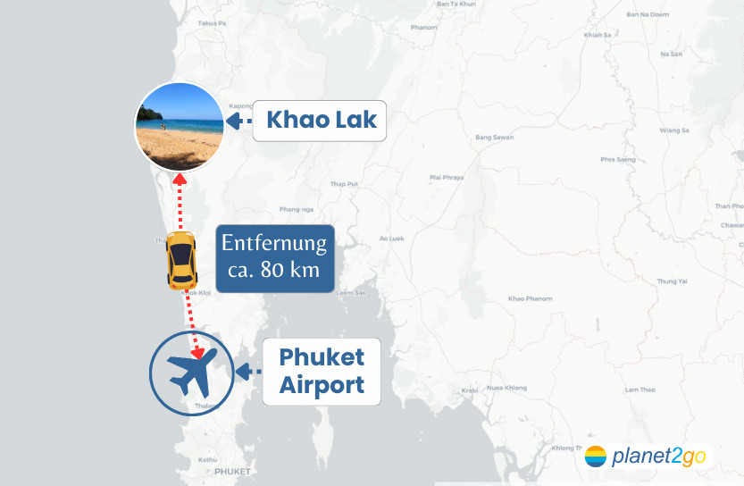 Karte mit der Route vom Phuket Airport in die nördlich gelegene Küstenregion Khao Lak