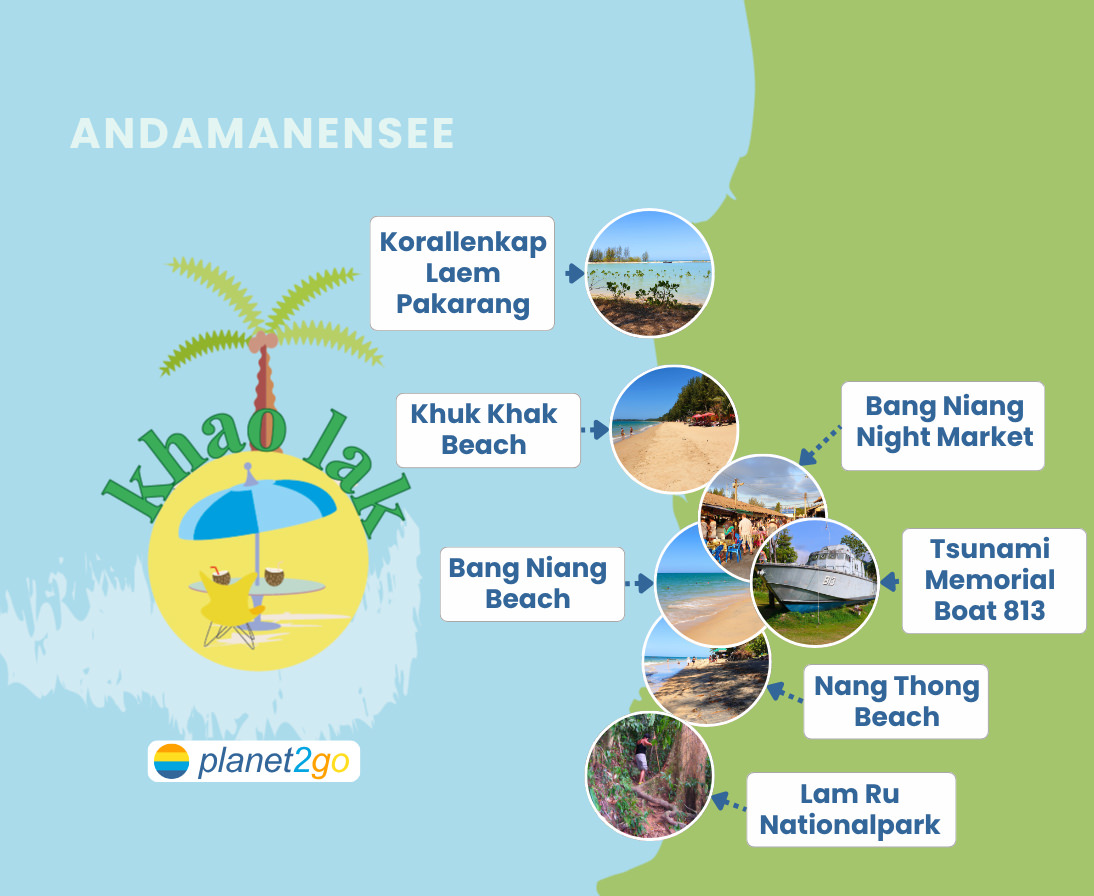 Karte mit den wichtigsten Sehenswürdigkeiten und Stränden in Khao Lak