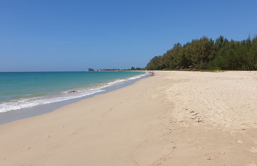 Bangsak Beach in Khao Lak – menschenleerer Strandabschnitt, gesäumt von Kasuarinen