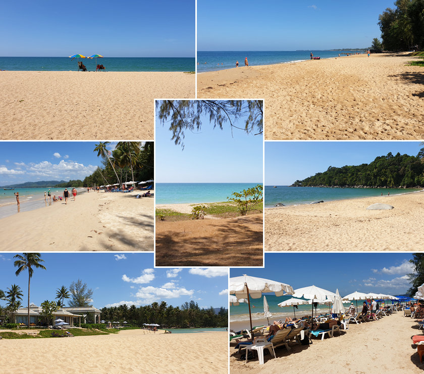 Einige der schönsten Strände in Khao Lak, darunter Khuk Khak Beach mit hellem Sand, Meer und Sonnenschirmen, White Sand Beach mit weißen Sonnenschirmen und Sunset Beach mit Kasuarinen am Ufer und Spaziergängern