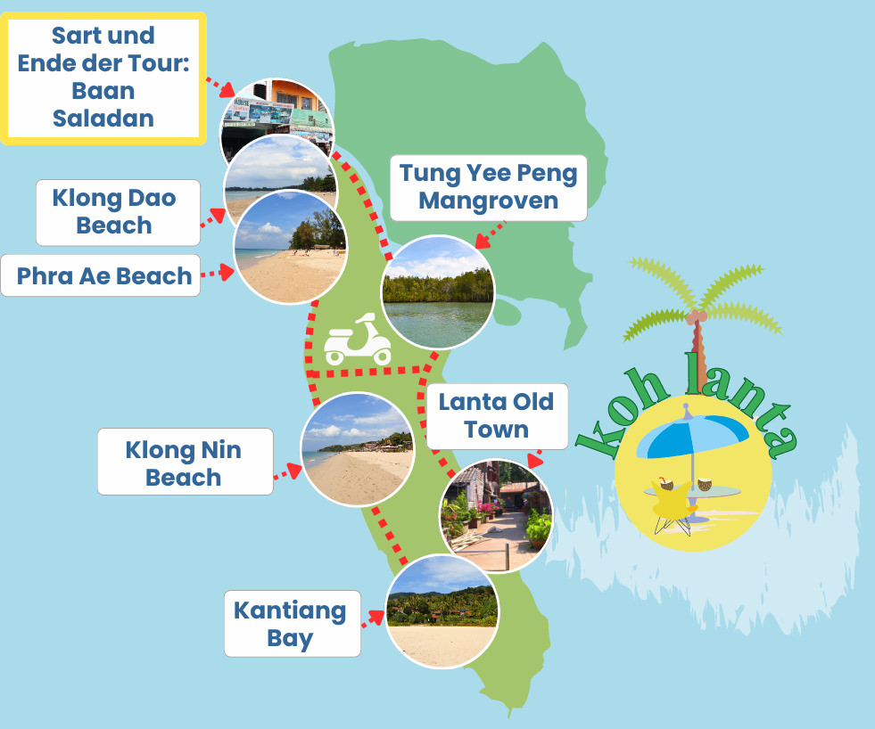 Karte mit der eingezeichneten Rollertour-Route mit Start- und Endpunkt in Baan Saladan
