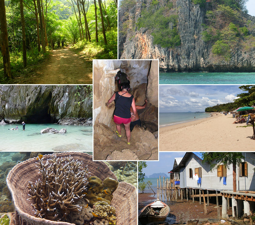 Einige der beliebtesten Sehenswürdigkeiten auf und rund um Koh Lanta, darunter Mai-Kaeo-Höhle, Stelzenhäuser in Lanta Old Town und Emerald Cave auf Koh Mook