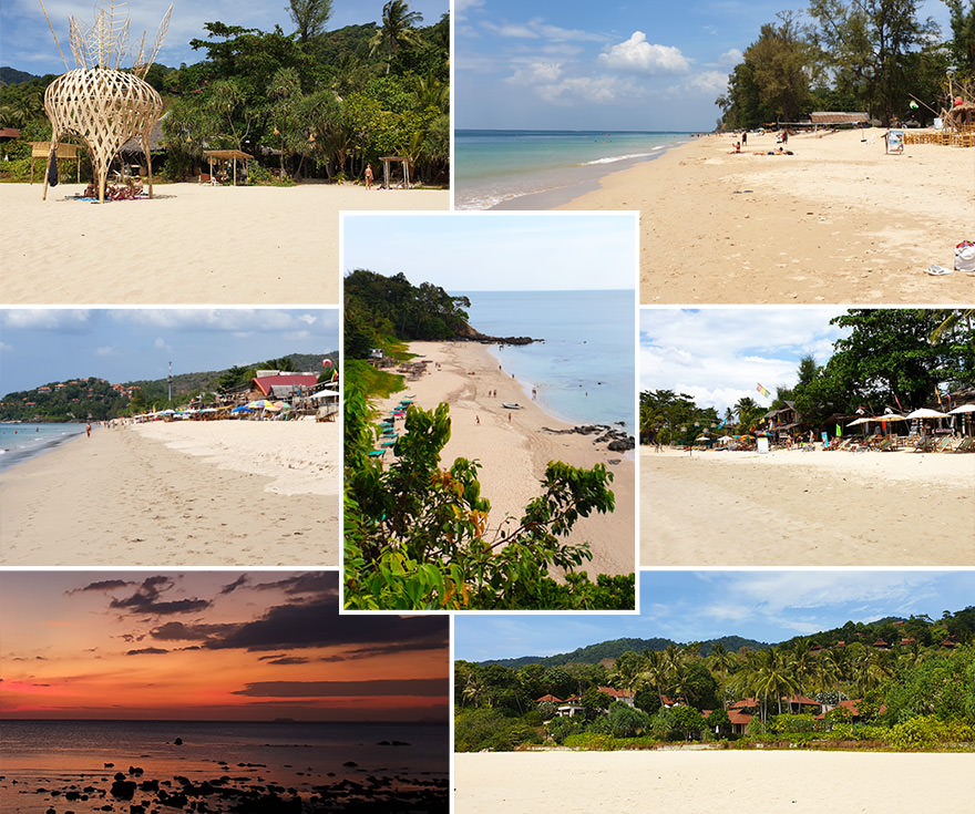 Einige der schönsten Strände auf Koh Lanta, darunter Phra Ae Beach (Long Beach) mit Strandrestaurant und Menschen, Relax Beach mit Sonnenschirmen und türkisblauem Meer und Klong Nin Beach mit Badenden und bewaldetem Hügel