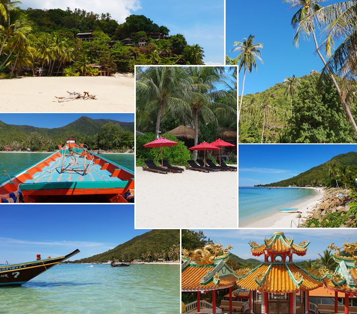 Koh Phangan Highlights, u. a. Chinese Temple mit farbenfrohem Dach, bewaldeter Hügel mit dem Bottle Beach Viewpoint, Sadet Beach mit Palmen und bewaldeten Hügeln, Taxiboot in Rot und Hellblau