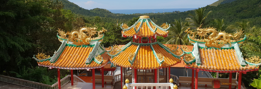 Orangefarbenes Dach des chinesischen Tempels auf Koh Phangan mit goldenen Drachen