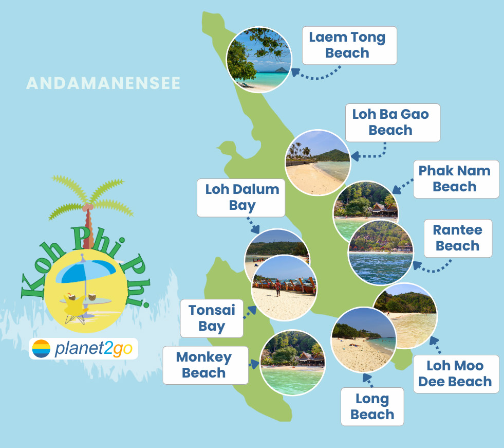 Karte mit der Lage der schönsten Strände auf Koh Phi Phi