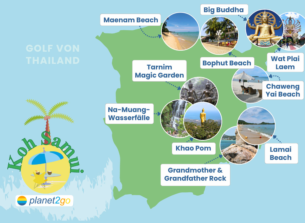 Karte von Koh Samui mit der Lage wichtiger Strände und Sehenswürdigkeiten 