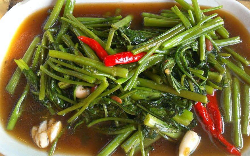 Platte mit Morning Glory (Wasserspinat) und roten Chilischoten in einem Restaurant auf Koh Tao