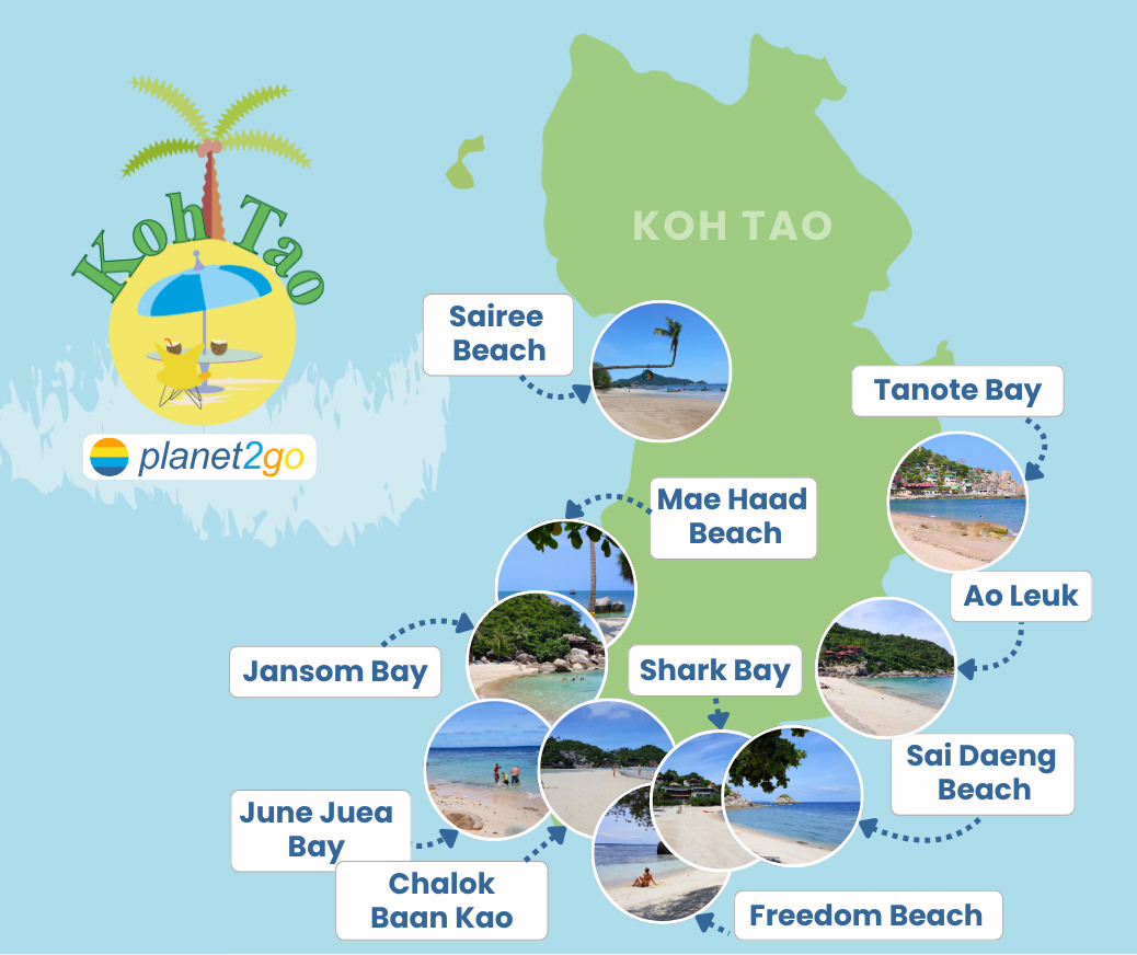 Karte mit Fotos der wichtigsten Strände auf Koh Tao