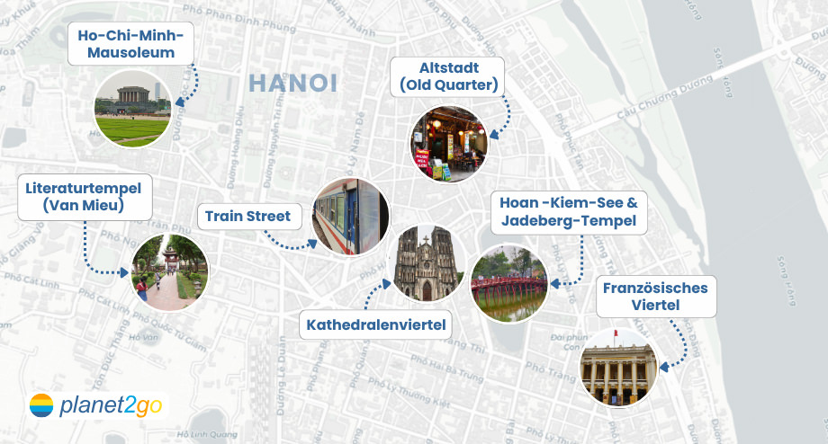 Karte mit den wichtigsten Hanoi Sehenswürdigkeiten wie Altstadt, Hoan-Kiem-See, Literaturtempel etc.